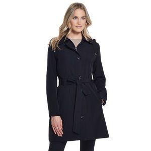 Gallery Black Hooded Belted Trench Coat size M